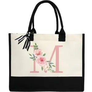 Initial Canvas Tote Bag for Women, Beach Bag with Inner Zipper Pocket Personalized Gifts for Wedding, Birthday | Initial, Personalized Gifts, for Wedding, Birthday