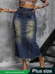 【plus Size】 Vintage Denim Skirt, Casual Fashion Ripped Skirt for Daily Outdoor Wear, Women Plus Clothing for Summer, Womenswear, Casual Fashionable Skirt, Formal Fashion Skirt
