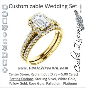 CZ Wedding Set, featuring The Sunshine engagement ring (Customizable Radiant Cut Halo Design with Vintage Cathedral Trellis and Thin Pavé Band)
