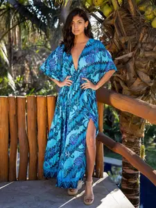 Turquoise Swirl Batik Kimono Dress, Double Slit Long Kaftan Dress, Summer Resort Wear, Boho Beach Wedding attire, Evening Wear
