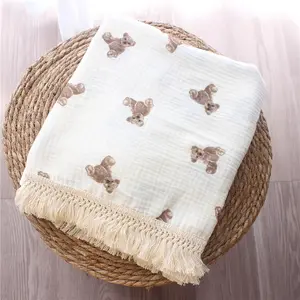 1pc Baby Blanket with Adorable Teddy Bear Pattern - Soft Pure Cotton Double-Layer Large Bedspread, Stroller Cover for & (31.5"x25.59") - Cozy Wrapping for bed, carriage, or cot - Ideal Baby Shower