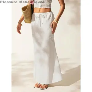 Spring And Summer Vacation White Linen Mermaid Long Skirt