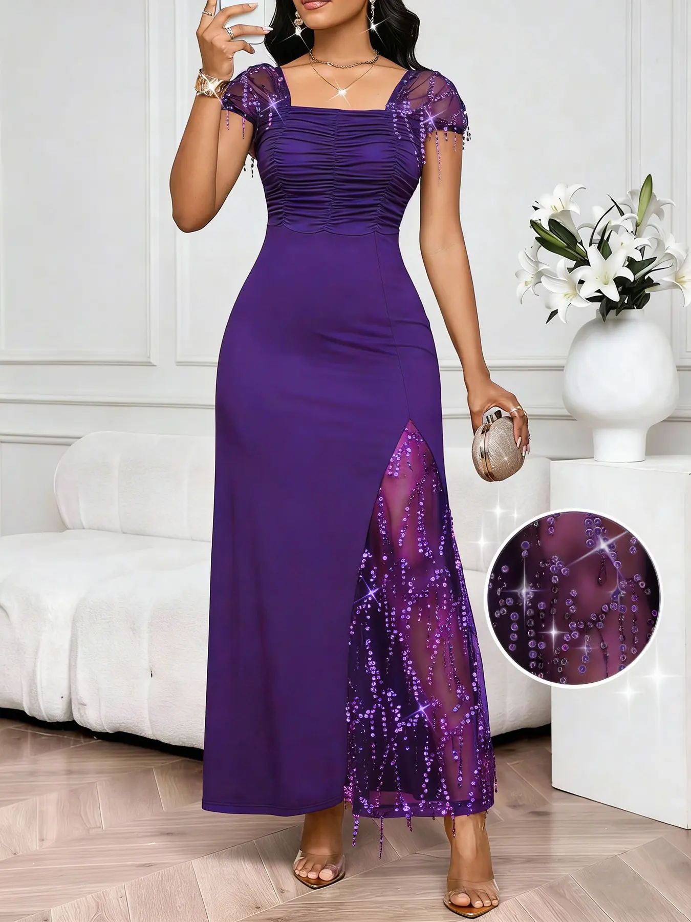 Women's Spring Summer Sequin Mesh Sleeve High Slit Plain Dress, Elegant Slim  Fit Long Gown for Formal Evening Party - TikTok Shop