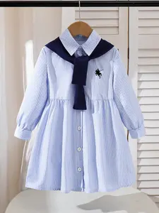 Young Girls School Uniform Dress, Casual Cute Embroidered Lapel Shirt Skirt Set, Blue Shawl Included, Spring & Fall Fashion