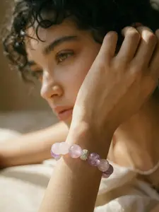 Amethyst bracelet Pink Crystal beaded Bracelet 16mm Rose Quartz beaded Bracelet Handmade gemstone jewels anniversary gift boho accessory