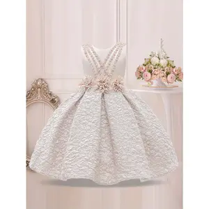 Girls' Princess Party Dress with Floral Back Beaded Detail - Yellow Knee-Length Sleeveless Loose Fit Flared Skirt, Round Neck Formal Gown Weddings, Parties & Occasions