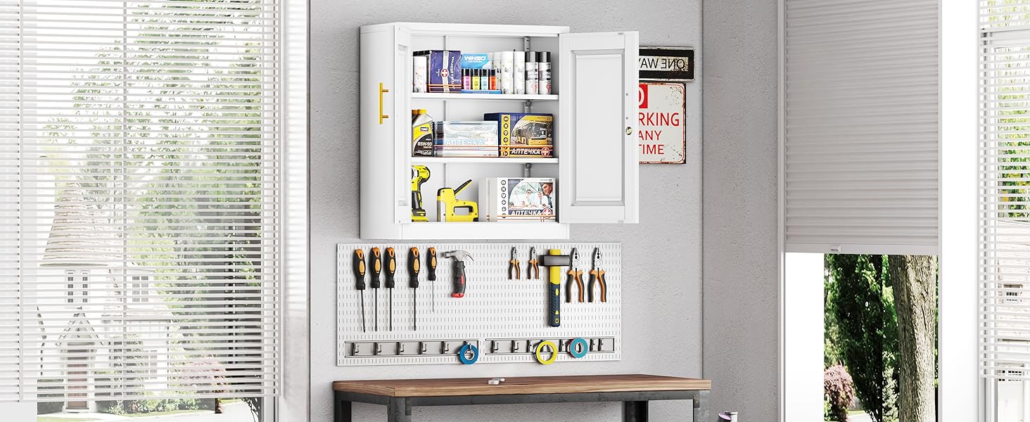 White Metal Wall Mounted Bathroom Cabinet – 2 Doors & Adjustable Shelves, Moisture-Resistant Storage for Over Toilet or Kitchen, Small Space LED Lighted Charging Dresser