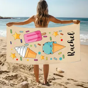 Ice Cream Design Custom Beach Towel, Personalized Name Pool Towel, Summer Travel Bath Towel, Birthday Vacation Gift