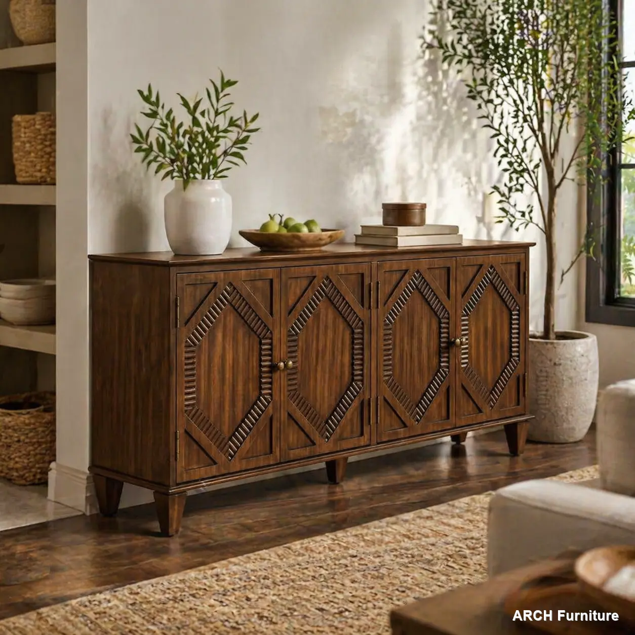 65.2" Mid Century Modern Sideboard Buffet - Farmhouse Storage Cabinet, Symmetrical Geometric Accent, Modern Credenza, Walnut Large Adjustable-Shelf, TV Console, Indoor Furniture for Kitchen/Living Room, Modern Credenza Cabinet