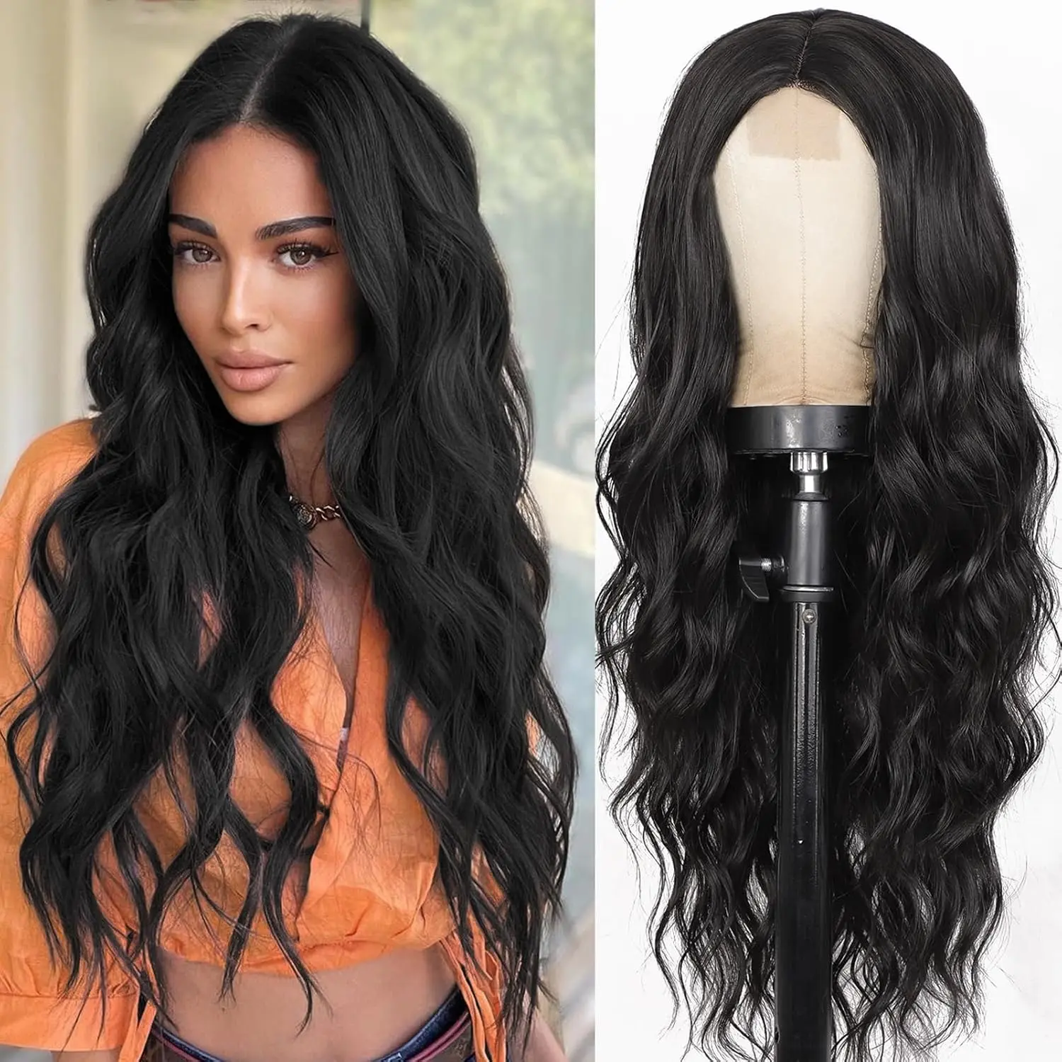 Black Wig for Women 26 Inches Long Wavy Middle Part Wigs with Dark Root Synthetic Heat Resistant Wig for Daily Party No Glue Wig Natural Hairline Wigs