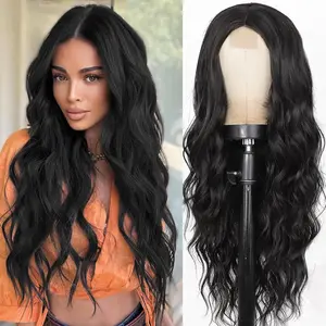 Black Wig for Women 26 Inches Long Wavy Middle Part Wigs with Dark Root Synthetic Heat Resistant Wig for Daily Party No Glue Wig Natural Hairline Wigs