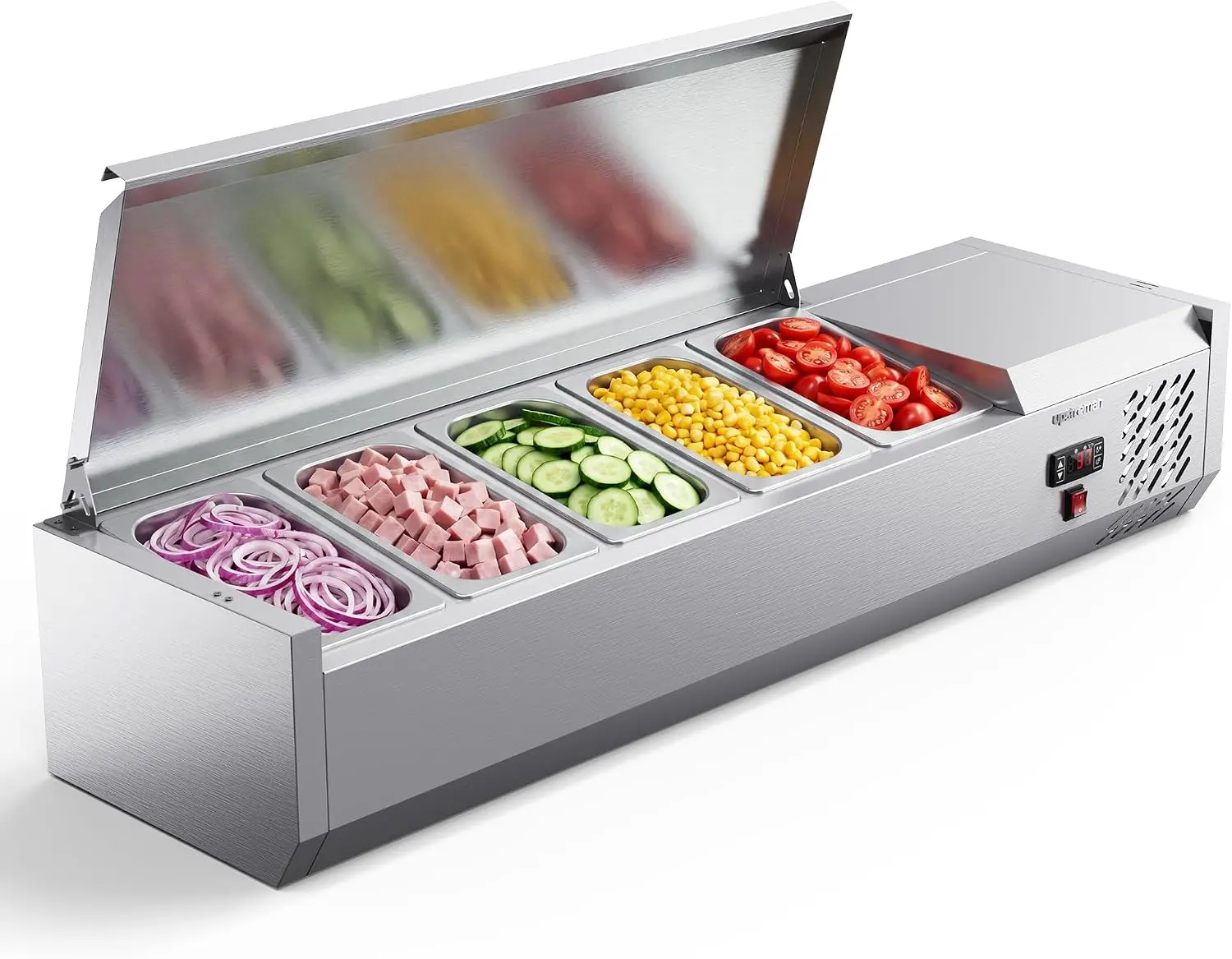Upstreman Refrigerated Condiment Prep Station, 47" Sandwich/Salad/Pizza Bar | 34.87 QT Sandwich Prep Table, 5* 1/4 Pan, Digital Temp Control, 304 Stainless Steel, for Restaurant, Food Truck, Home