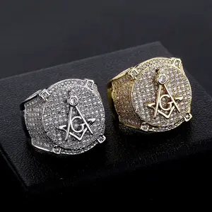 【P&J 】High End Retro Ag Freemason Letter Ring Fashionable Full Zircon Personalized Hip-Hop Men's Ring Gold & Silver Two-Tone Copper Zircon Inlay Size 7-11
