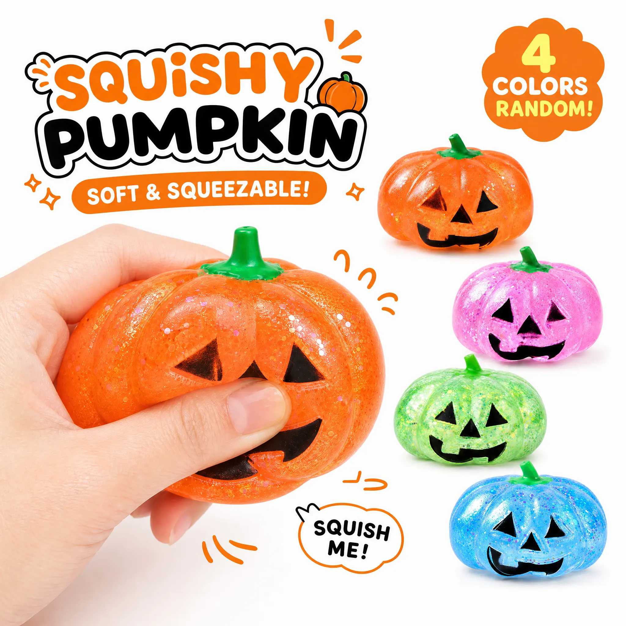 Halloween Glitter Pumpkin Jack-O-Lantern Squishy Squeeze Fidget Toy, Unisex Sensory Relief Stress Anxiety Toy, Random Color Desktop Holiday Party Favor