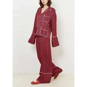 Red and Blue Striped Pajama Set for Women 2 Piece Sleepwear with White Piping Lightweight Polyester Lounge Set Comfortable Fit Size L