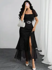 French Vintage Square Neck Polka Dot Print Elegant Bubble Sleeve Waist Cinching Slit Mesh Patchwork Dress Womenswear Women (no Belt)