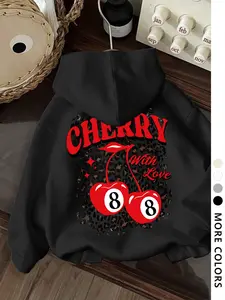 Women's Cherry & Letter Print Graphic Hoodie, Fashion Casual Leopard Print Cherry Decor Hooded Sweatshirt for Daily Holiday Outdoor Wear, Ladies Clothes for Spring & Fall