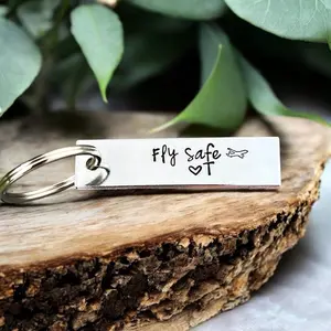 Fly Safe Keychain Aluminum Hand Stamped Gift For Boyfriend Husband Girlfriend Wife Flight Attendant Custom Initial Name Anniversary Wedding