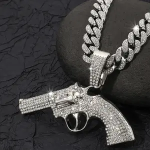 American hiphop full diamond pistol pendant Cuban chain necklace trendy nightclub personalized men's hip hop Cuban chainhigh density，high density