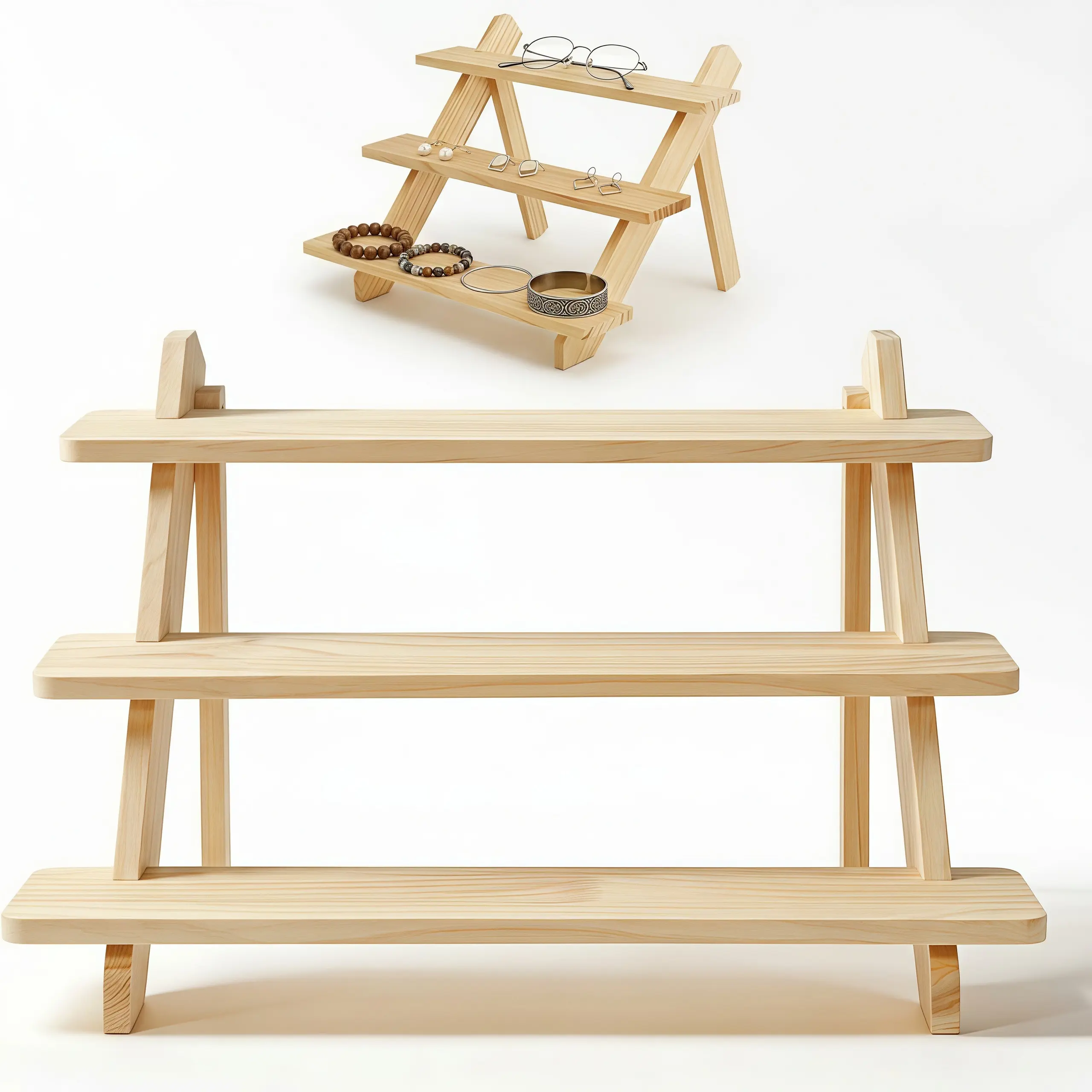 3-Tier Foldable Pine Wood Step Display Stand, Tabletop Riser Organizer for Collectibles, Succulents, Home Desktop Storage & Display Needs