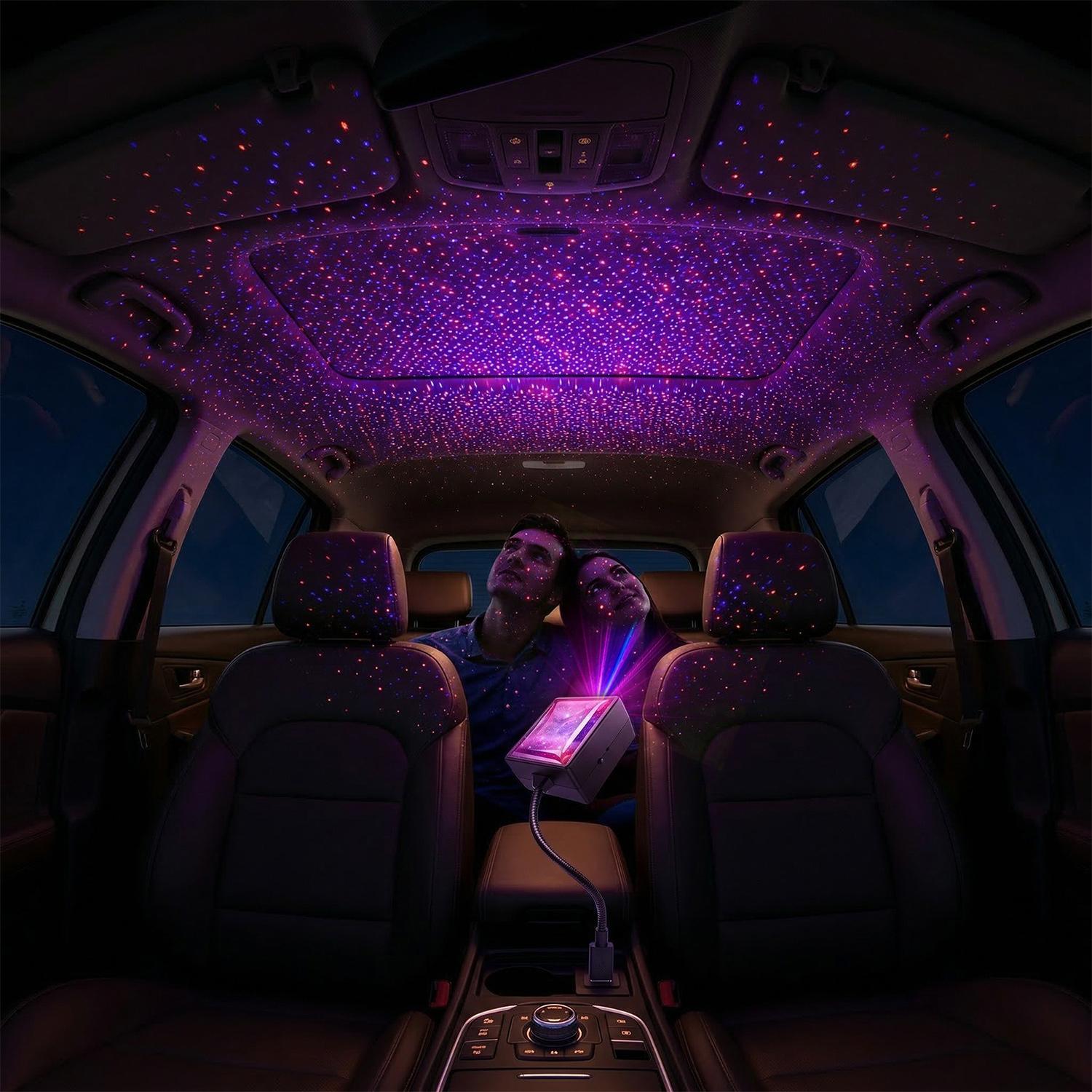 Car Roof Star Night Light, USB Romantic Ceiling Projector Light with Sound Activated Strobe & Auto Rotating, Adjustable Neon Accent Light for Car, Bedroom & Party