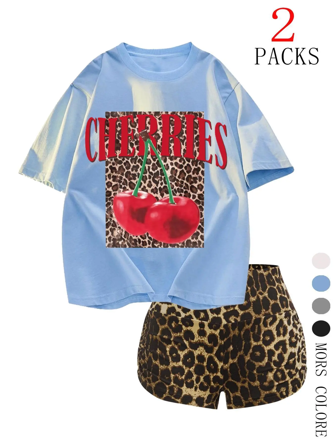 Women's Cherries Print Short Sleeve T-shirt & Leopard Print Shorts Two-piece Set, Casual Fashion Cozy Round Neck Tee & Skinny Shorts for Daily Outdoor Wear, Ladies Summer Clothes, Suits