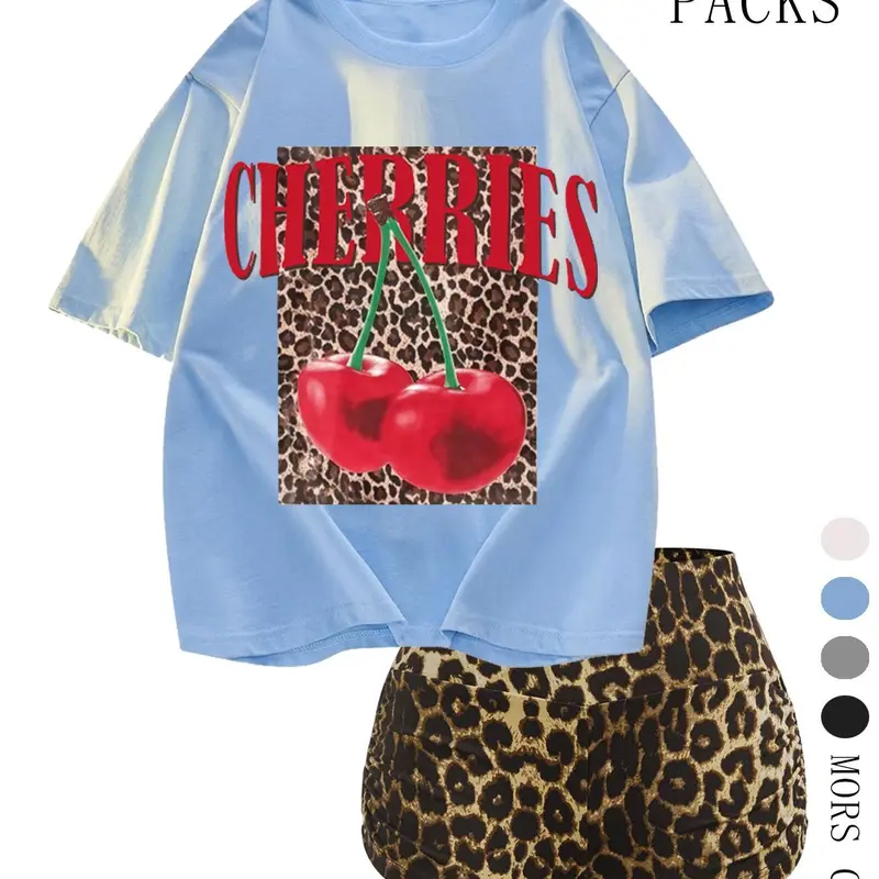 Women's Cherries Print Short Sleeve T-shirt & Leopard Print Shorts Two-piece Set, Casual Fashion Cozy Round Neck Tee & Skinny Shorts for Daily Outdoor Wear, Ladies Summer Clothes, Suits