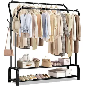 Clothing Garment Rack Heavy Duty Freestanding Metal Clothes Stand Double Rail 8 Hangers 2 Shoe Shelves, Black Organiser Set