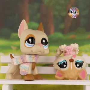 Pet Shop Cats Dogs Bobble Head Figures Toy for Mini Pet Shop Collectable Kids Xmas Gift with Adorable Scarf and Pink Bow