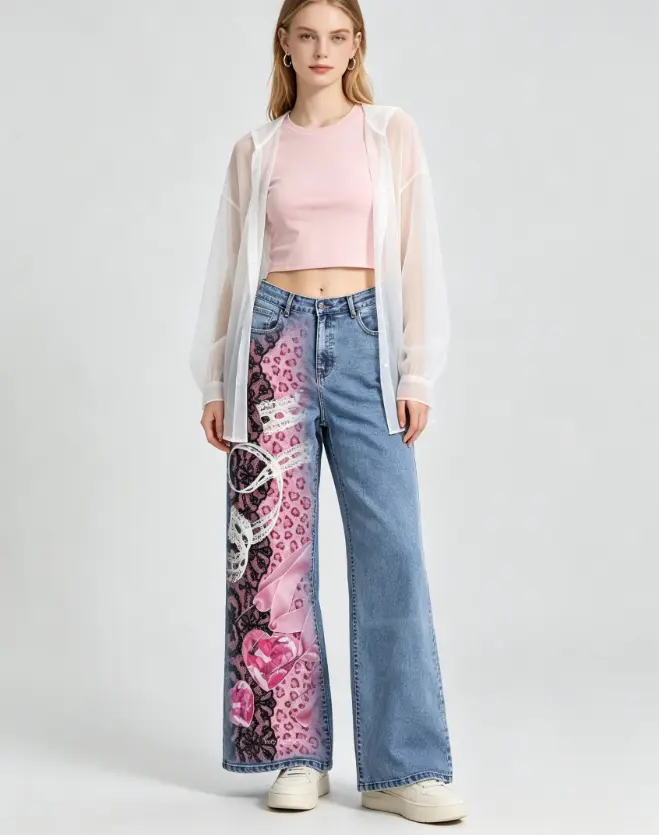 Pink Lace Heart Gem Graphic Wide Leg Jeans, DGT Direct To Garment Print, Unisex Kawaii Y2K Flare Denim Pants
