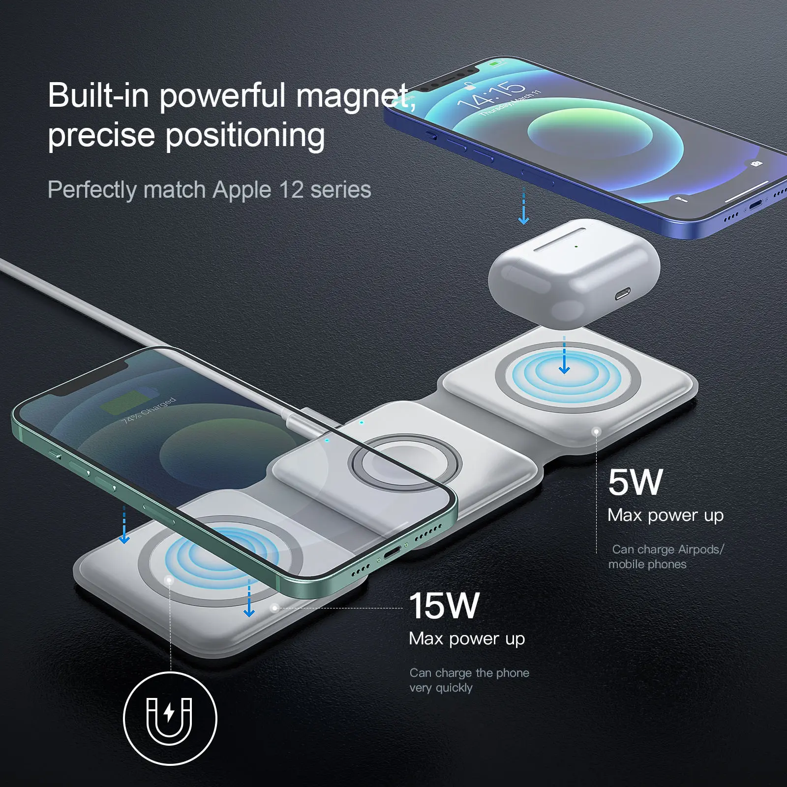 OMG! Nano 3 in 1 Wireless Charger for iPhone,Magnetic Foldable 3 in 1 Charging Station,Travel Charger for Multiple Devices for iPhone 15/14/13/12 Series,AirPods Pro,iWatch Smartphone Electronic Pad Cellphone