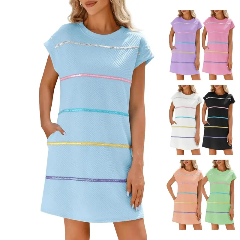 Imily Bela Womens Textured T Shirt Dress Short Sleeve Summer Casual Sequin Stripe Mini Dresses Fit Breathable Colorful Lightweight Loose Style sundress prom dress