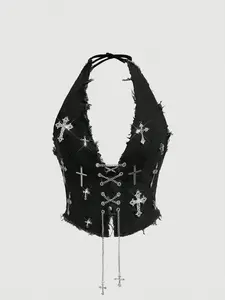 ROMWE Gothic Denim Halter Top Cross Detail Slim Fit Y2K Edgy Night Out Streetwear