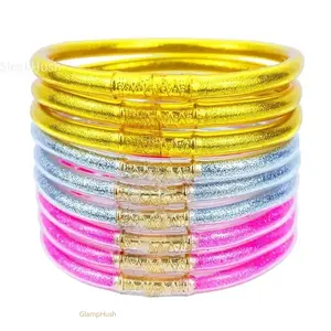 9Pcs Glitter Jelly Bracelet Set for Women, Gold-Filled Silicone Layered Sparkling Bangles with Stamped Bull Ring, Fashion Leisure Jewelry for Indoor Outdoor Daily Wear
