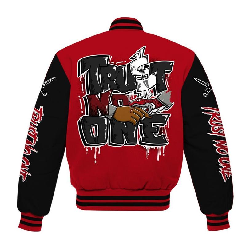 Bred Velvet 11s - Trust No One Dripping All Over Print Varsity Jacket, 90s Hip Hop Baseball Jacket, Sports Lightweight Jacket, Stylish Unisex Streetwear Outerwear, Sneaker Match Streetwear Jacket