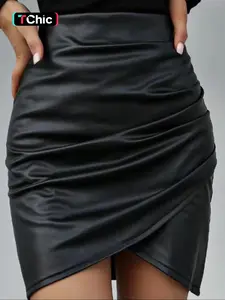 Women's High Waist PU Bodycon Skirt, Elegant Fashionable Plain Pleated Design, Spring & Fall Short Slim-Fit Half-Length Dress