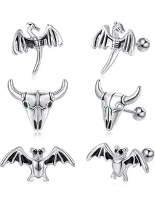 3 Pairs 18G Cartilage Earrings for Men & Women, Halloween Earrings Set with Bat Bull Head Dinosaur Studs, Tragus Hoop Barbell Piercing Jewelry