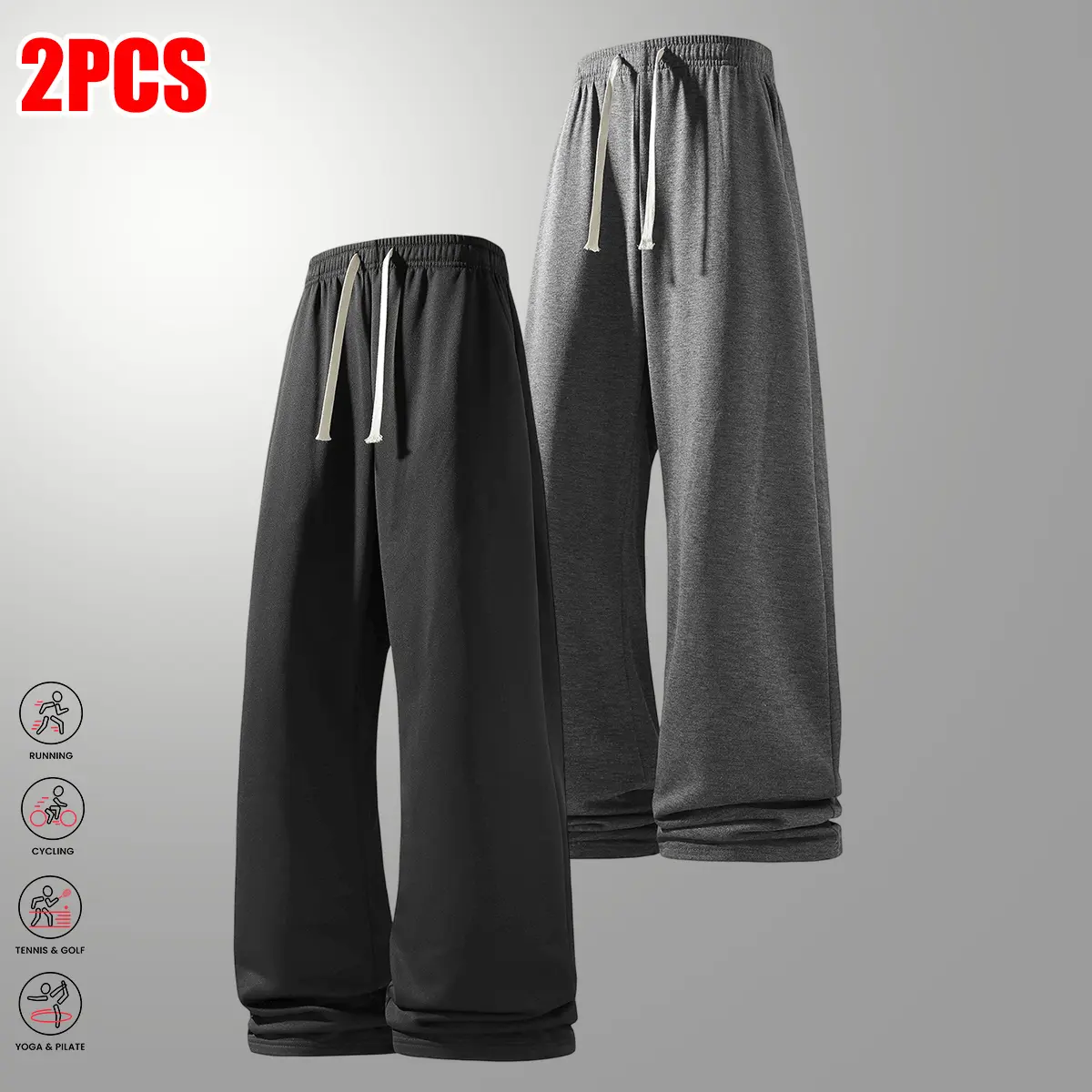 Pack of 2 men’s fashion loose casual pants; all-season straight-leg wide-leg trousers; elastic waistband drawstring sports casual pants; solid color high-street style drapey straight-leg athletic pants; suitable for everyday casual wear, sports, and outdo
