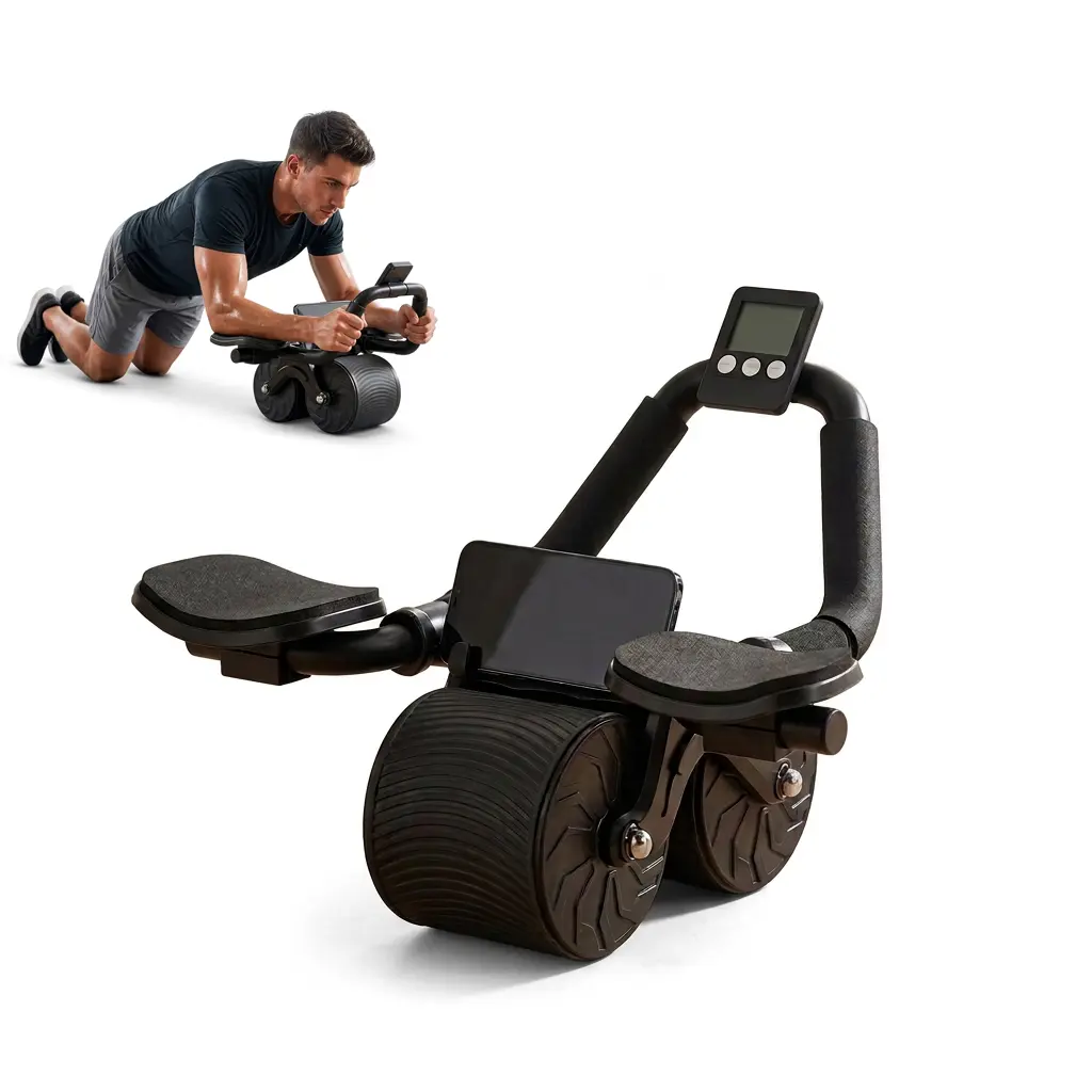 Automatic Rebound Ab Roller Wheel with Elbow Support with Timer, Dual-Wheel Abdominal Exercise Equipment with Smart Timer, Phone Holder & Knee Mat for Core Workout, Home Gym
