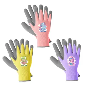 COOLJOB 3 Pairs Kids Gloves, Grippy Rubber Coated Garden Work Gloves for Children, Purple & Pink & Yellow