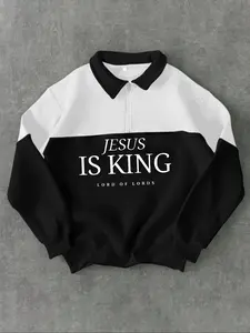 Unisex Graphic Christian Pullover, Black and White Half-Zip Long Sleeve Top with Inspirational Quote, Faith-Based Apparel for Modern Believers and Street Style