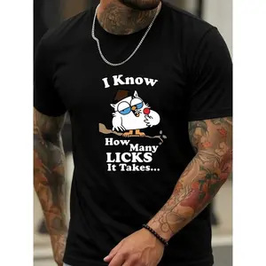"I Know How Many Licks It Takes" Letters And Cartoon Owl Print Crew-Neck Men's Short-Sleeved T-Shirt, Slightly Stretchy, Casual And Comfortable Top, Perfect For Outdoor Fitness And Everyday Wear