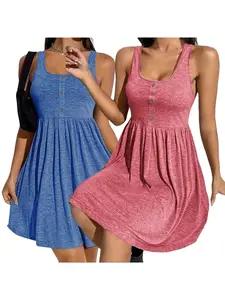 Plus Size Plain Fake Buttons Scoop Neck Tank Dress, Casual Sleeveless A Line Dress, Summer Clothes Women, Women's Clothing, Dresses for Women, Women's Clothes for Daily Wear, Plus Size Women's Clothing, Womenswear