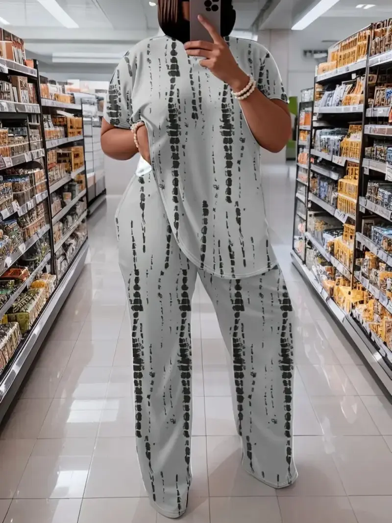 Plus Size Women's 2-Piece Set, Tie-Dye Splatter Print Loungewear with Short Sleeve Crewneck Top and Stretchy Pants, Casual Bohemian Style, Fashion Apparel, Plussize, Short Sleeves, Women's Clothes, Polyester, Fit, Breathable, Two Piece Set