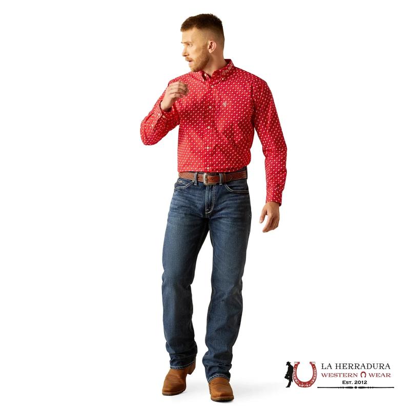 ARIAT MENS TEAM FALLON RED/BEIGE LONGSLEEVE SHIRT - 10058961