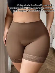 Women's Plus Size Seamless Shapewear Underwear High Waisted Tummy Control Lace Trim Briefs, Casual Fitted Regular Length Shorts