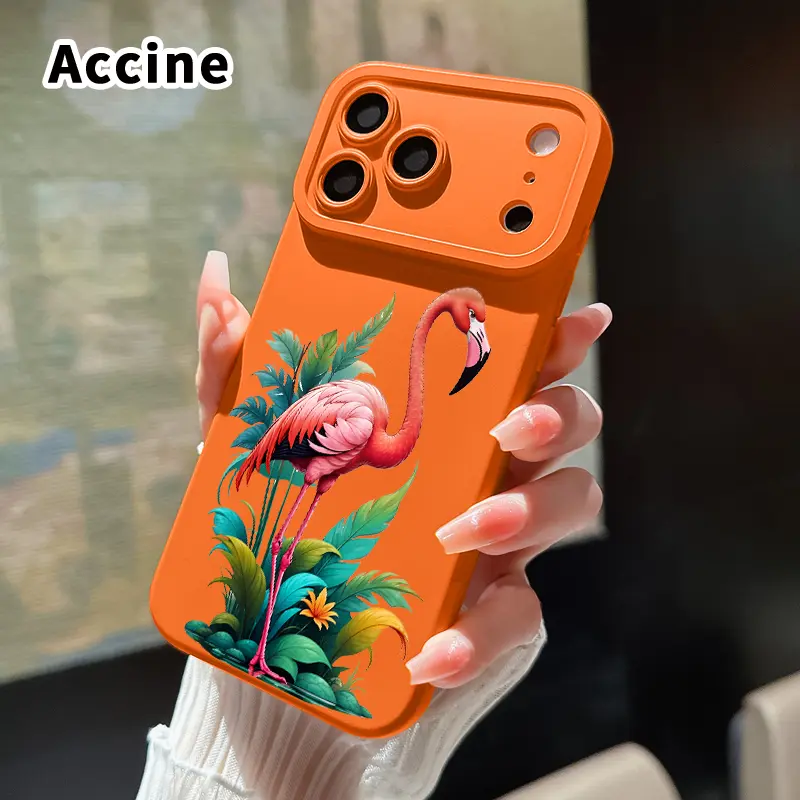 Slim Silicone Smartphone Casing for iPhone 13-17 Pro Max/Plus/Air, Flamingo in Foliage Pattern, Shockproof, Full Camera Protection, Durable Handheld Cellphone Devices Cover, Accessories