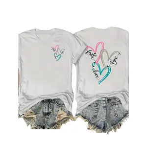 Double-Sided Printed MEN Women'S T-Shirt, Colorful Women'S T-Shirt - Fashionable Heart-Shaped Ribbon Print T-Shirt - Stylish And Comfortable for Casual Outings |   Suitable for Breast Cancer Awareness Campaigns |   Women'S Trendy T-Shirt