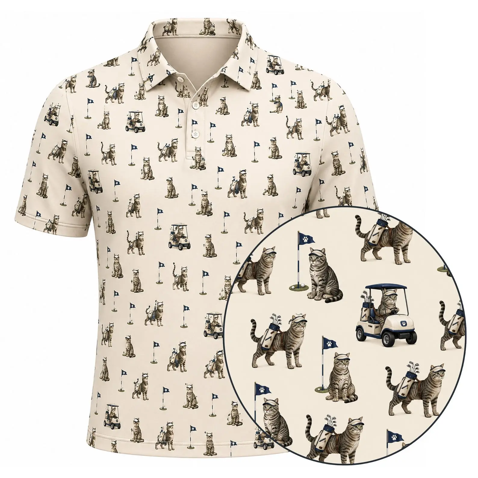 Funny Golf Cat Polo Shirt, Cat Golf AOP Polo, Men's & Women's Golf Polo, Tabby Cat Golf Shirt, Funny Golfer Gift, Polyester Golf Apparel v2