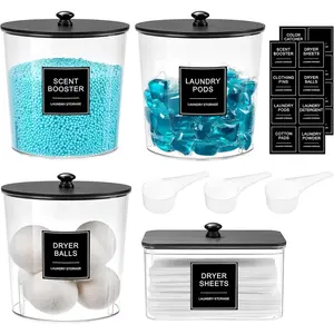 Laundry Pods Container & Dryer Sheet Holder, Laundry Room Organization Storage Jars with Lids, Labels & Scoops for Powder Detergent Scent Booster, Black Lid